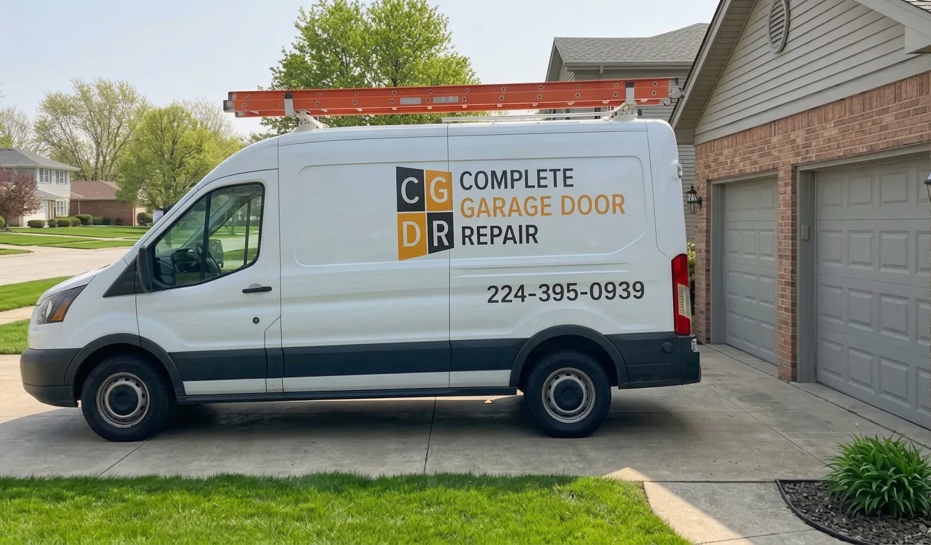 Complete Garage Door Repair service van in a driveway