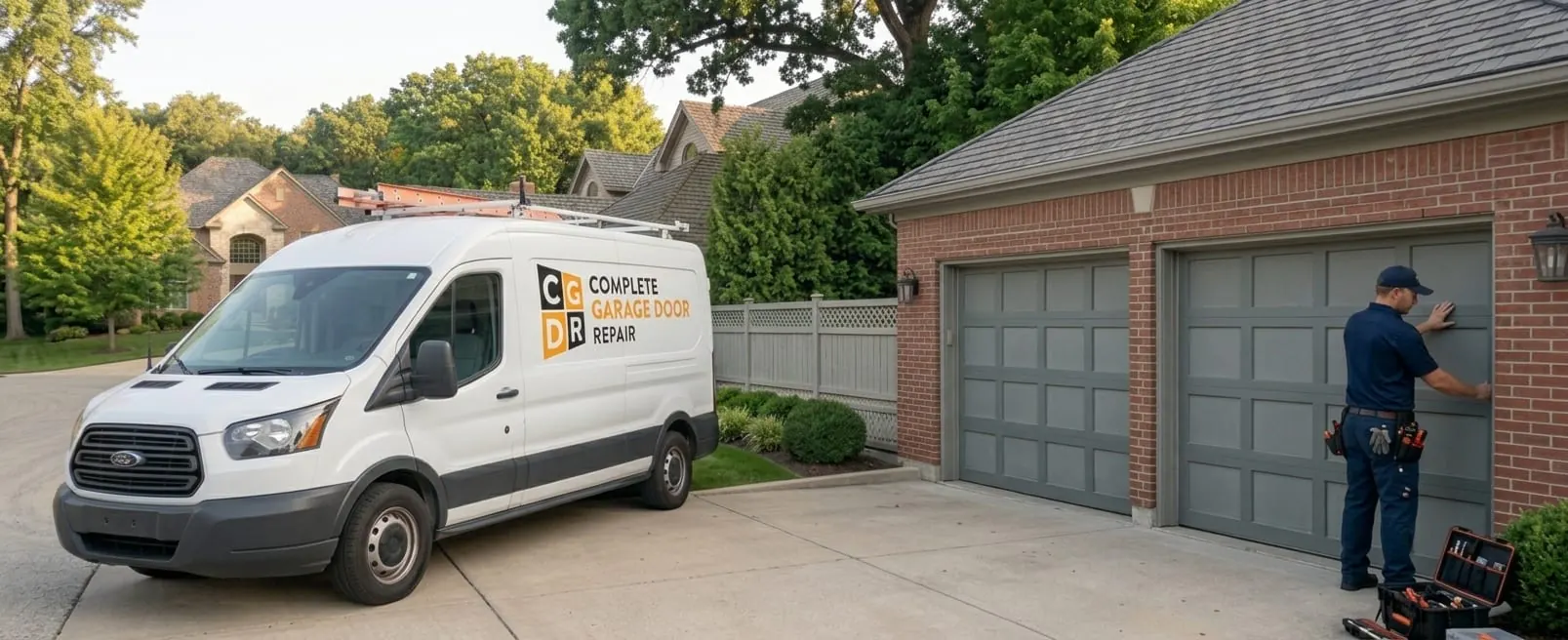 Complete Garage Door Repair van in a driveway while a technician works on the garage door of a suburban Chicago home