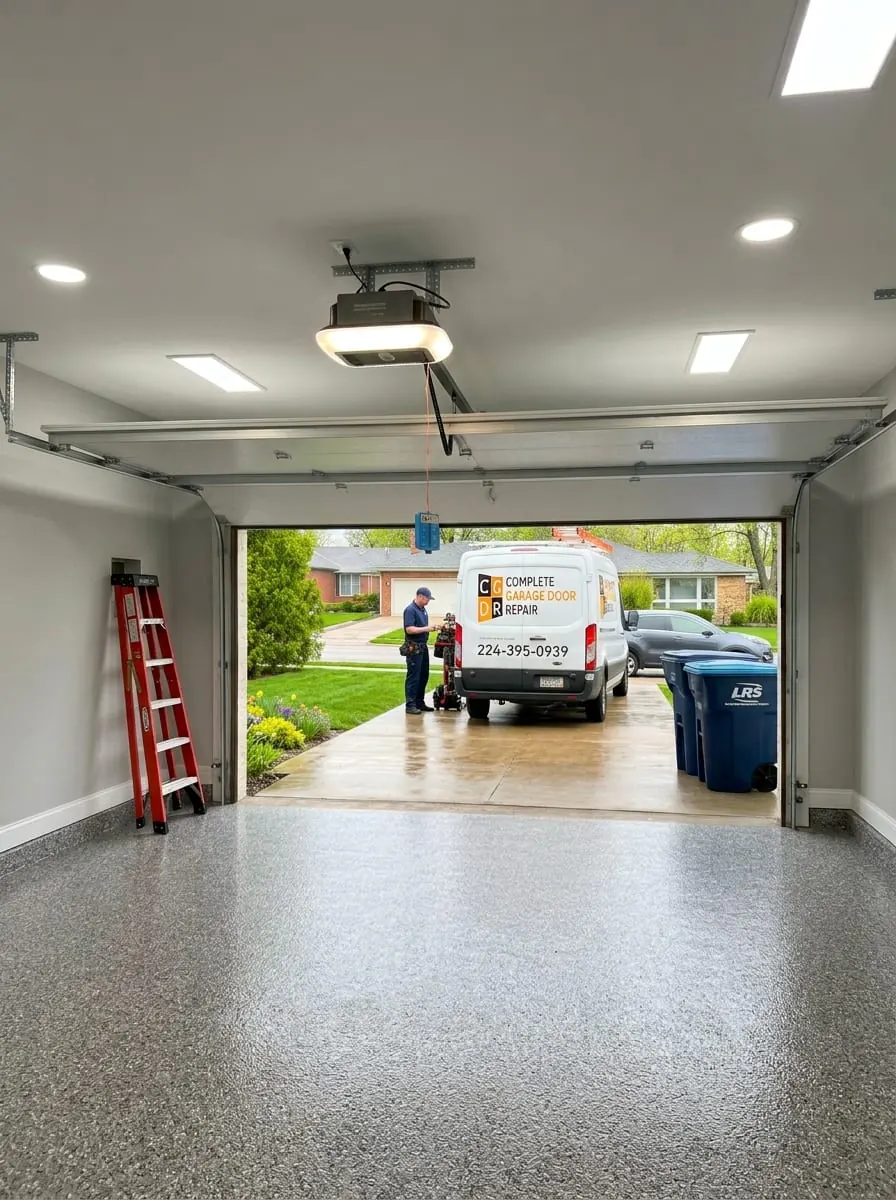 Complete Garage Door Repair technician and branded service van in the driveway of a Chicago-area home