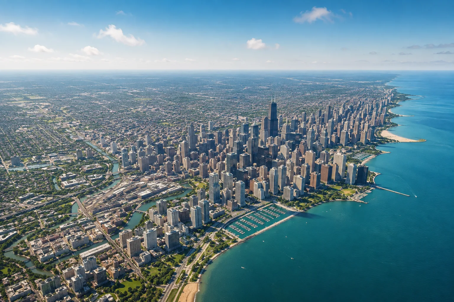 Aerial view of Chicago and the surrounding suburbs served by Complete Garage Door Repair