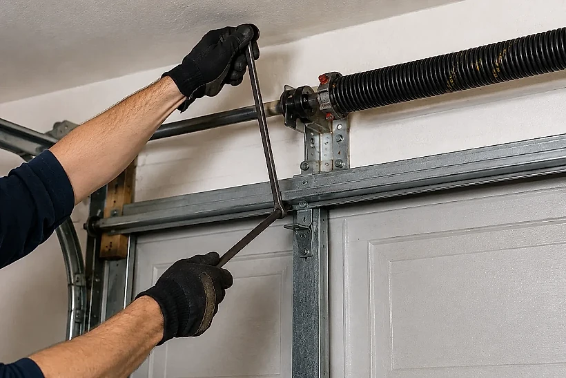 Technician winding a garage door torsion spring with bars